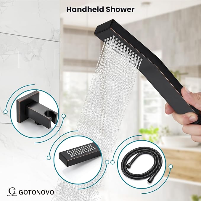 gotonovo Shower System with Tub Spout Wall Mounted Rain Shower Head and Handle Combo Shower Faucet Set with Valve, 12 Inch, Oil Rubbed Bronze - Image 6