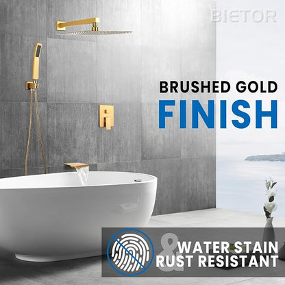 Wall Mounted Shower Faucet Set, Shower System with Tub Spout, 12 Inch Rainfall Shower Head with Handheld Spray, Waterfall Tub Spout Bathtub Faucet, Brushed Gold - Image 5