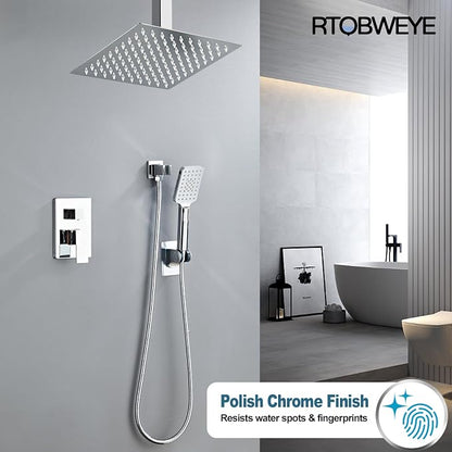 8 Inch Ceiling Mount Shower Faucet Set, Polish Chrome Rainfall Shower System, Square Rain Shower Head with Handheld Spray Combo Ceiling, Silver Rainfall Shower Faucet Fixtures (3-Setting) - Image 5