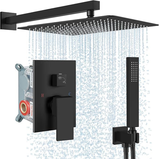 Midanya Shower Faucet Set,Wall Mount Shower System with Square Rain Shower Head and Hand Sprayer, Rough-in Valve Body and Trim Kit Included,16 Inch,Matte Black by Midanya