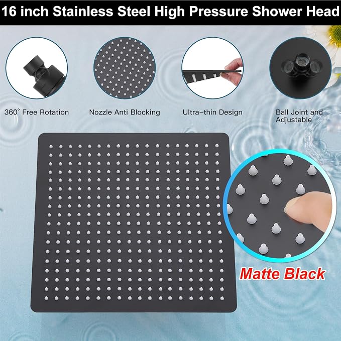 Midanya Shower Faucet Set,Wall Mount Shower System with Square Rain Shower Head and Hand Sprayer, Rough-in Valve Body and Trim Kit Included,16 Inch,Matte Black - Image 8