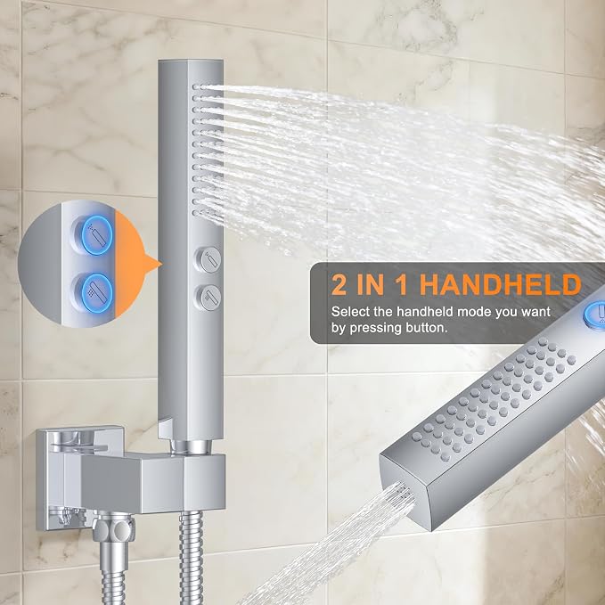 Chrome Shower System with Tub Spout, Ceiling Mounted Bathtub Shower Faucet Set, 12" Rainfall Shower Head and Handheld Shower Combo, High Pressure Shower Fixtures Set with Rough-in Valve - Image 4