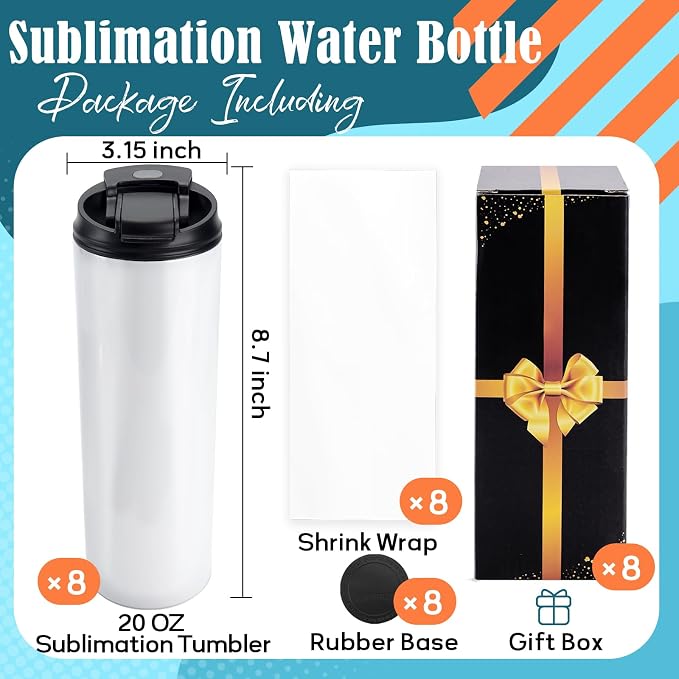 Joyclub 8 Pack Sublimation Water Bottle Blanks Dual Opening 20 oz Sublimation Tumblers with Leakproof Lid and Straw Insulated Stainless Steel Sports Cups - Image 3