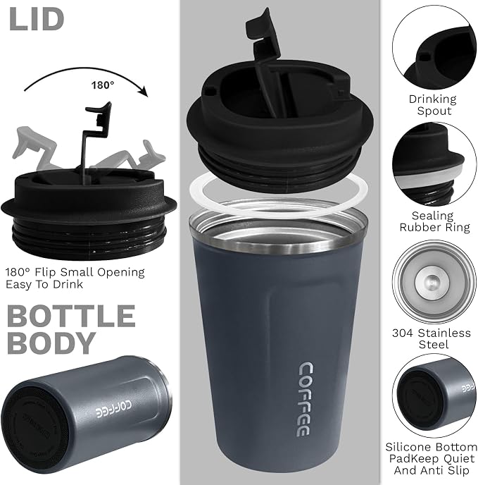 YINBAOGE Insulated Travel Coffee Mug, Spill & Leak Proof, Portable To Go Camping Stainless Steel Coffee Tumbler, Reusable Thermal Coffee Cup with Lid for Hot & Cold Drinks (2nd-Blue, 12 OZ) - Image 2
