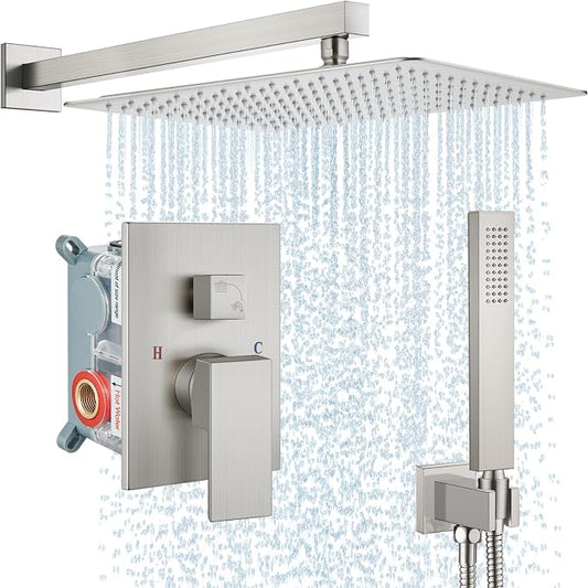 Midanya Shower Faucet Set,Wall Mount Shower System with Square Rain Shower Head and Hand Sprayer, Rough-in Valve Body and Trim Kit Included,16 Inch,Brushed Nichel by Midanya