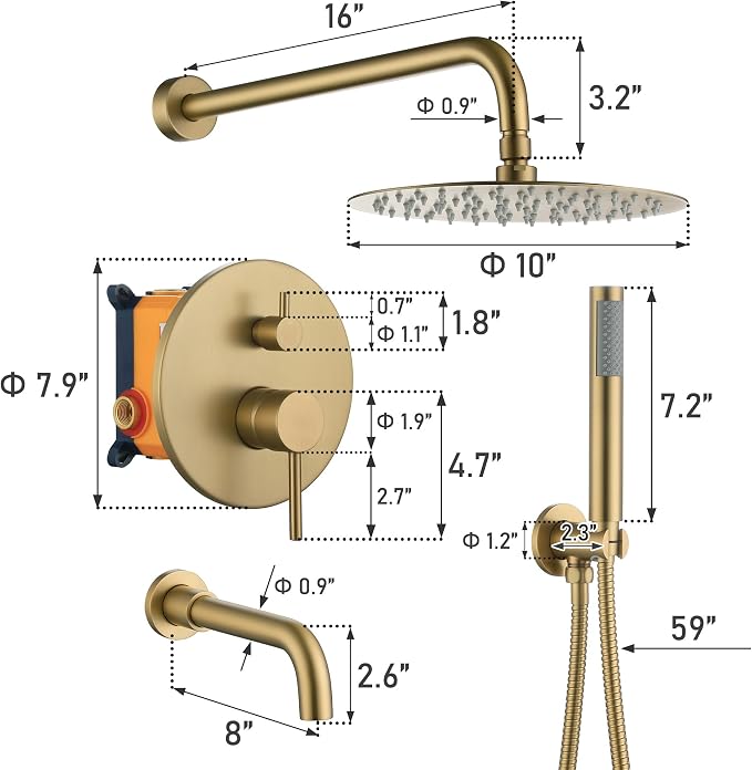 MONDAWE Round Shower Faucet Set with Tub Spout, Wall Mounted Shower System 10 Inch Rainfall Shower Head with Handheld Combo, Brushed Gold High Pressure Shower Faucets Sets Complete - Image 5