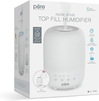 Pure Enrichment® HUME™ Sense Top Fill Humidifier – Large 3L Tank, Auto Mode Humidity Sensor, 3 Mist Settings, Optional Night Light, Optional Aromatherapy, Sleep Mode & Auto Shut-Off - Image 7
