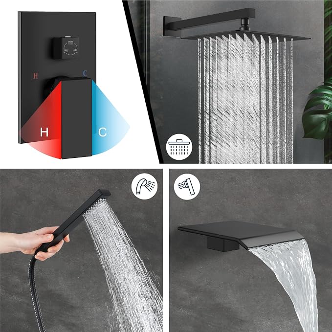 Midanya Rain Shower System with Tub Spout,Tub Shower Faucet Set with rainfall Shower Head and Handheld Spray,Wall Mount Tub Shower Combo Rough-in Valve Included,10 Inch Matte Black - Image 4