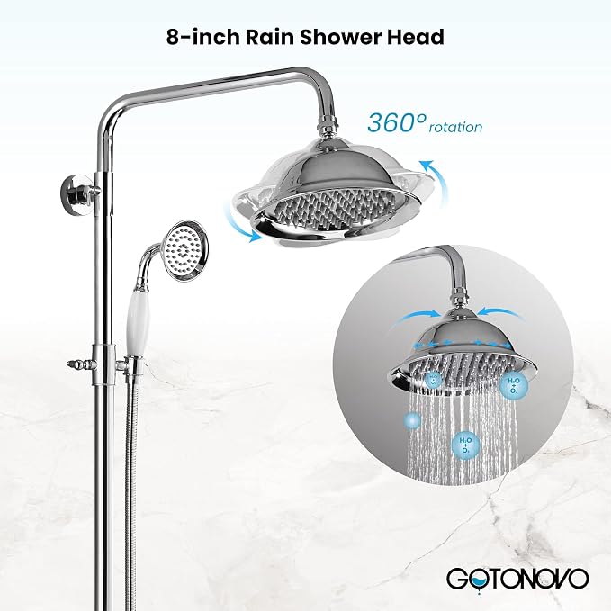gotonovo Bathroom Exposed Shower Faucet Outdoor Shower System 8 Inch Rainfall Shower Head Set with Tub Spout and Handheld Spray Double Cross Handles Wall Mount without Shower Shelf Polished Chrome - Image 3