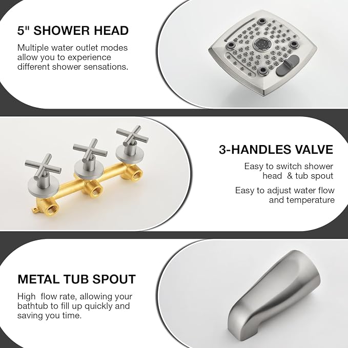 3 Handle Shower Faucet Set with Tub Spout 6-Spray Shower Head and Handle Set Shower Trim Kit with Rough-in Valve Bathroom Shower Faucet Valve Trim Kit Shower System Brushed Nickel - Image 4
