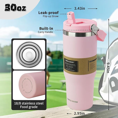 30oz Flip Straw Insulated Tumbler with Handle, Leak Proof Stainless Steel Water Bottle, Double Wall Vacuum Travel Coffee Mug for Cold Drinks, Gym Office Travel Essentials - Image 2