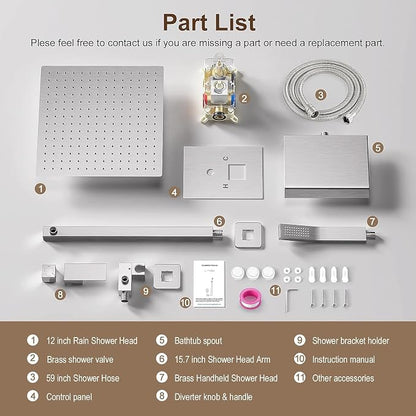 JOMEOO® 12 Inch Shower System with Tub Spout, 3 Function Brushed Nickel Bathtub Shower Faucet Set, Wall Mounted Bathroom High Pressure Shower Head with Handheld Sprayer Rough in Valve Body and Trim - Image 8