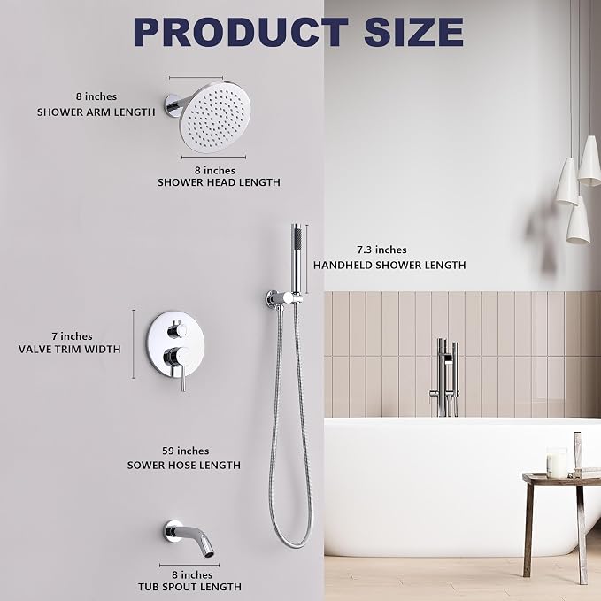 Shower System with Tub Spout, Bathtub Shower Faucet Set, 8" Rain Shower Head and Handheld Spray Combo, Round Shower Head and Handle Set with Tub Spout (Valve Included), Polished Chrome - Image 3