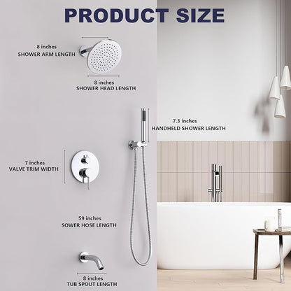 Shower System with Tub Spout, Bathtub Shower Faucet Set, 8" Rain Shower Head and Handheld Spray Combo, Round Shower Head and Handle Set with Tub Spout (Valve Included), Polished Chrome - Image 3