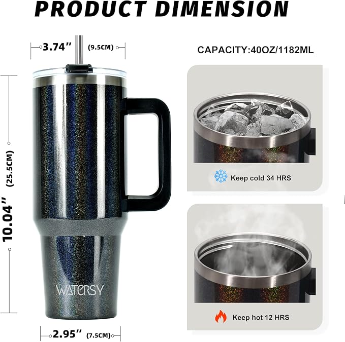 40 oz Shiny Tumbler with Handle and Straw,Stainless Steel Tumbler with Lid and Straw,Insulated Travel Mug(Cold for 34 Hours),Water Bottle for Iced Tea,Coffee (Black) - Image 2