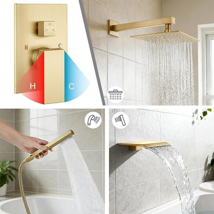 Midanya Shower System with Tub Spout,Bathtub Shower Faucet Set with Square Rainfall Head and Handheld Sprayer Wall Mount Tub Faucet Set with Valve and Trim Kit,12 Inch Brushed Gold - Image 4