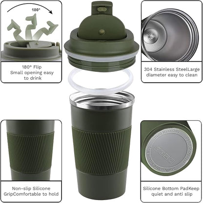 YINBAOGE Insulated Travel Coffee Mug, Spill & Leak Proof, Portable To Go Camping Stainless Steel Coffee Tumbler, Reusable Thermal Coffee Cup with Lid for Hot & Cold Drinks (Green, 17 OZ) - Image 3