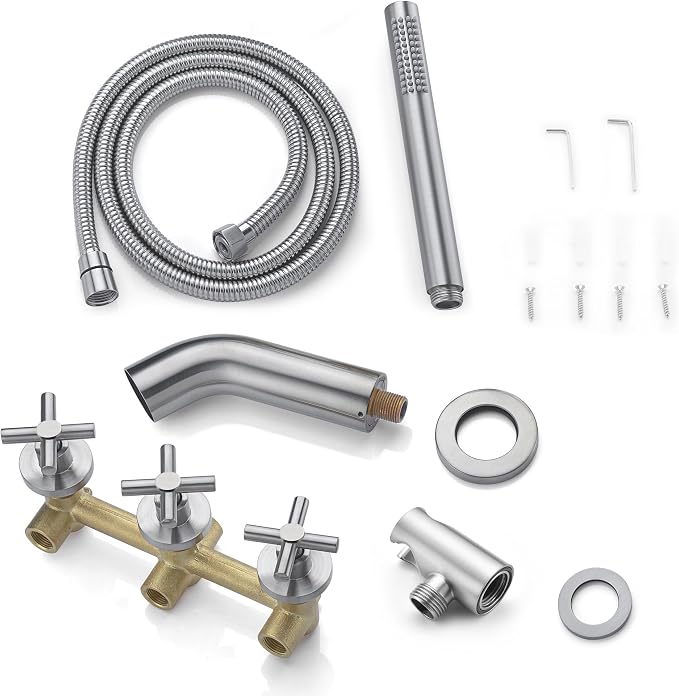 sumerain 3 Handle Wall Mount Tub Faucet with Sprayer, High Flow Waterfall Bathtub Faucet Brushed Nickel - Image 8