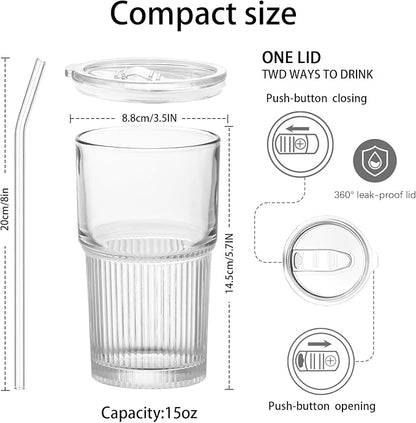 Luiaiog 18.5oz Glass Cups with Lids and Straws - Set of 4 Reusable Tumblers, Thickened Shatter-Resistant Glass, Ideal for Iced Coffee, Smoothies, Cocktails, Juices - Elegant & Durable Drinkware - Image 2