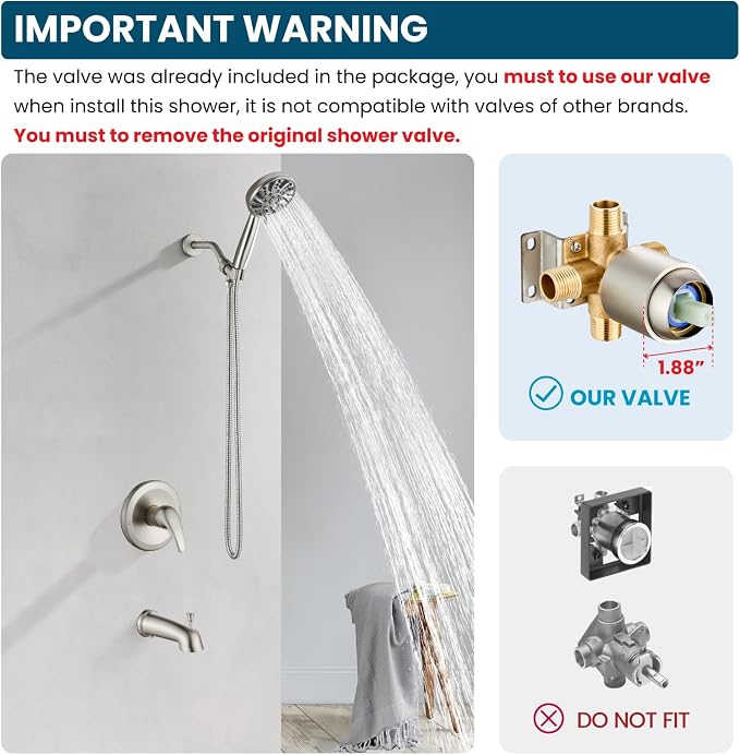 gotonovo Bathroom Shower Head Kit High Pressure Combo System Shower Faucet 6 Modes ABS Handheld Spray Shower Trim Kit Valve Included Shower Head and Handle Set Brushed Nickel - Image 2