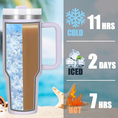 4 Pack 40 Oz Tumbler with Handle Bulk, Double Wall Vacuum Insulated Stainless Steel Tumbler with Lid and Straw, 40 oz cup with Silicone Spill Proof Stopper Set (Cream,Purple,Dark Green,Rose Quartz) - Image 6
