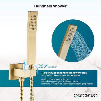 gotonovo Shower System with Tub Spout,Waterfall Tub Shower Faucet Set for Bathroom Head and Handle Set Wall Mounted 3 Function Rough-in Valve and Trim Included 12 inch Shower Head Brushed Gold - Image 4