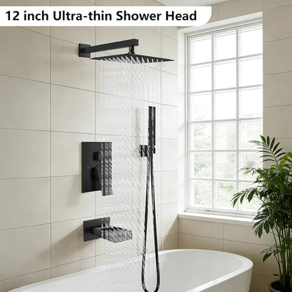 Midanya Rain Shower System Tub Shower Faucet Set Square Rainfall Waterfall Shower Head with Handheld Sprayer Tub Spout Combo Wall Mounted bathtub faucet set Rough-in Valve, 12 Inch Matte Black - Image 2