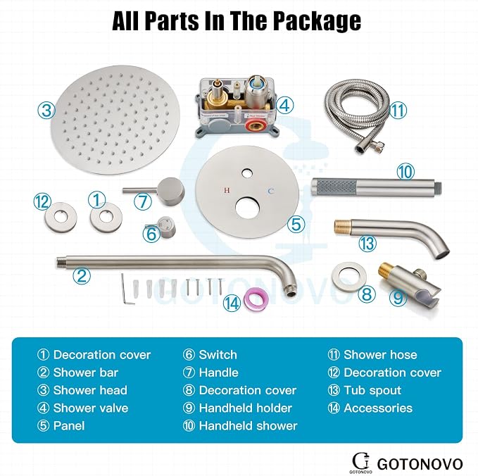 gotonovo Shower System with Tub Spout Wall Mount 3 Function Rough-in Valve Bathtub Shower Faucets Set Complete Rain 10 Inch Round Showerhead Trim Kit Combo, Cylindrical Handheld, Brushed Nickel - Image 9