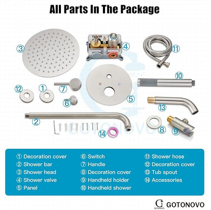 gotonovo Shower System with Tub Spout Wall Mount 3 Function Rough-in Valve Bathtub Shower Faucets Set Complete Rain 10 Inch Round Showerhead Trim Kit Combo, Cylindrical Handheld, Brushed Nickel - Image 9