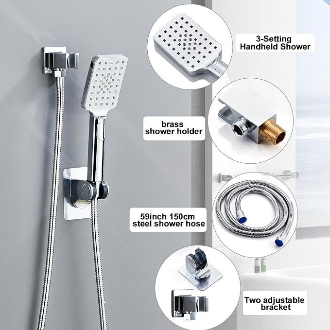 8 Inch Ceiling Mount Shower Faucet Set, Polish Chrome Rainfall Shower System, Square Rain Shower Head with Handheld Spray Combo Ceiling, Silver Rainfall Shower Faucet Fixtures (3-Setting) - Image 3