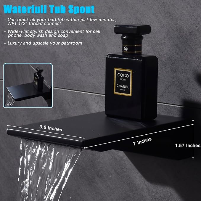 Shower System with Tub Spout 10 Inch Overhead Shower 4 Setting Handheld Spray Rough In Pressure Balance Valve Body with Trim Kit Wall Mounted Rainfall Bathtub Shower Faucet Set (Matte Black) - Image 6