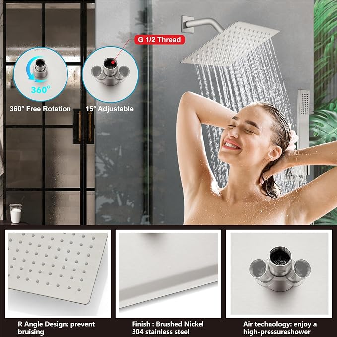 Midanya Shower System with Tub Spout,Bathtub Shower Faucet Set with Square Rainfall Head and Handheld Sprayer Wall Mount Tub Faucet Set with Valve and Trim Kit,8 Inch Brushed Nickel - Image 8
