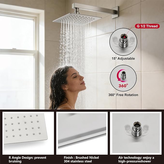 Midanya Shower System with Tub Spout,Bathtub Shower Faucet Set with Square Rainfall Head and Handheld Sprayer Wall Mount Tub Faucet Set with Valve and Trim Kit,12 Inch Brushed Nickel - Image 7