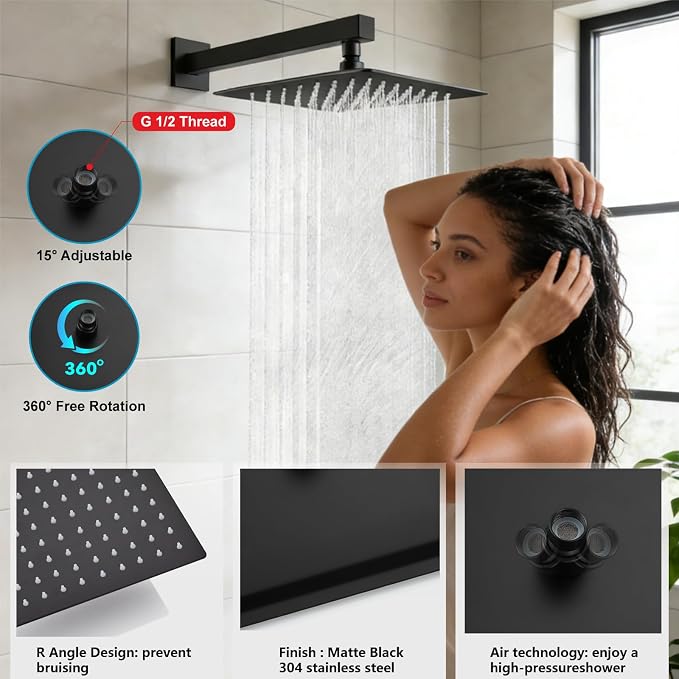 Midanya Rain Shower System Tub Shower Faucet Set Square Rainfall Waterfall Shower Head with Handheld Sprayer Tub Spout Combo Wall Mounted bathtub faucet set Rough-in Valve, 10 Inch Matte Black - Image 8