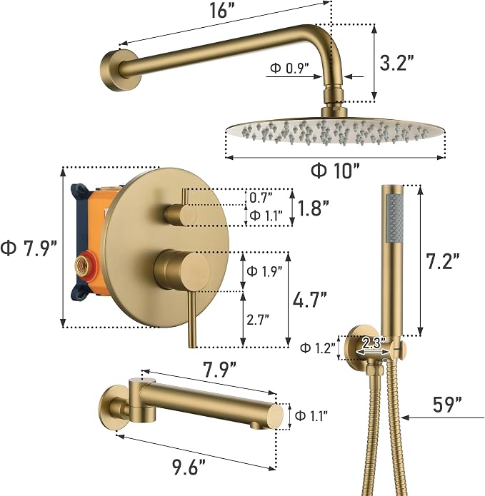 MONDAWE Round Shower Faucets Sets Complete with Tub Spout, Wall Mounted Shower System 10 Inch Rainfall Shower Head with Handheld Combo, Brushed Gold High Pressure Shower Faucet Set - Image 5