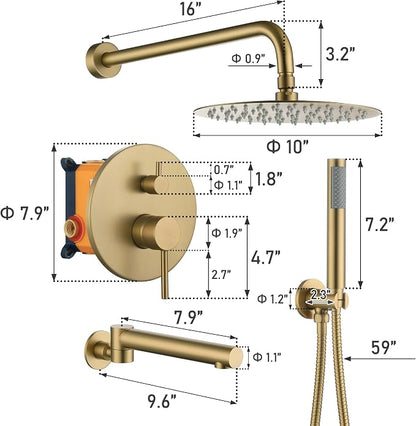 MONDAWE Round Shower Faucets Sets Complete with Tub Spout, Wall Mounted Shower System 10 Inch Rainfall Shower Head with Handheld Combo, Brushed Gold High Pressure Shower Faucet Set - Image 5
