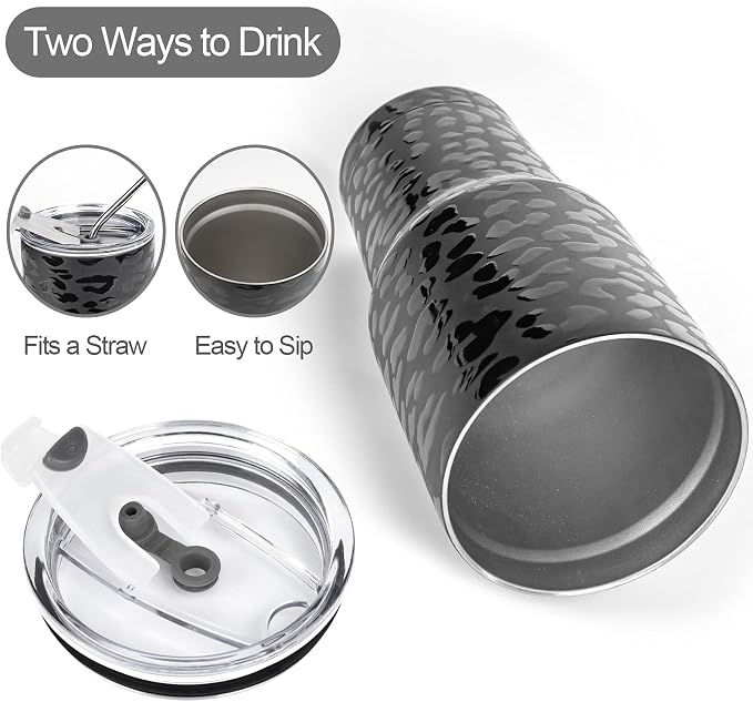 D·S 30oz Black Leopard Tumbler Stainless Steel Insulated Travel Mug with Straw Lid Cleaning Brush - Image 3