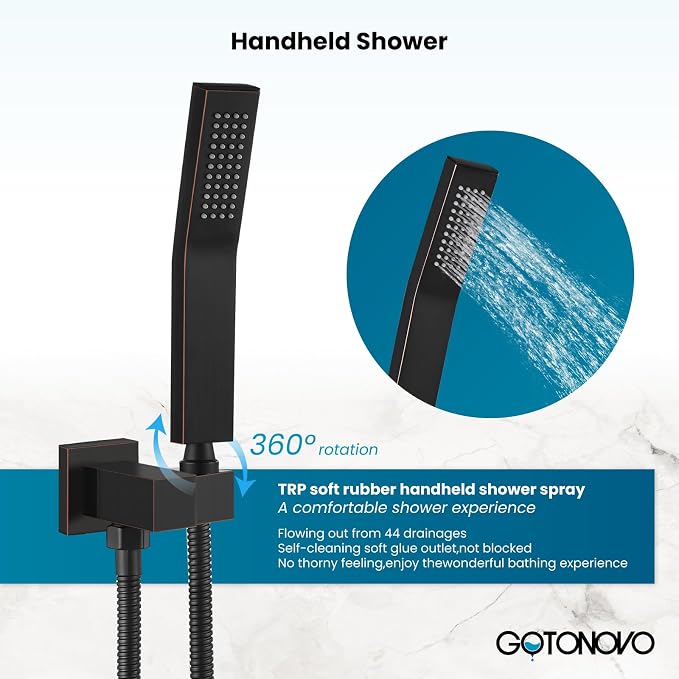 gotonovo Shower System with Tub Spout,Waterfall Tub Shower Faucet Set for Bathroom Head and Handle Set Wall Mounted 3 Function Rough-in Valve and Trim Included 12 inch Shower Head Oil Rubbed Bronze - Image 5