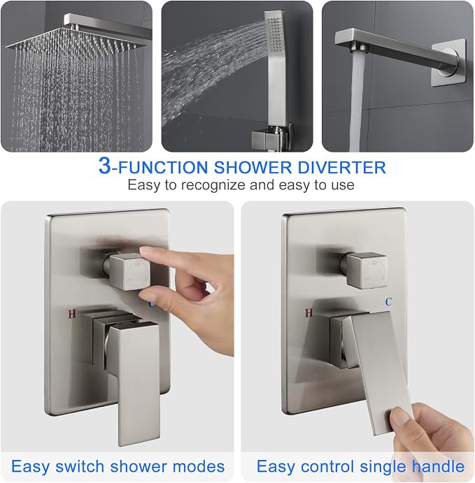 ROVOGO Bathtub Shower Faucet Set with Valve, Shower System with Tub Spout, 10-in. Rain Shower and Handheld, Square Shower Fixtures All Metal Wall Mount, Brushed Nickel - Image 2