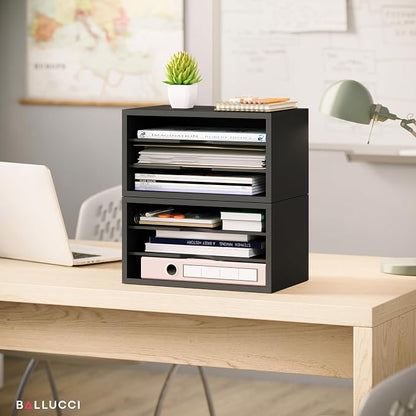 Ballucci File Organizer, 3-Tier Document Paper Sorter, Stackable Wood Desk - Image 6