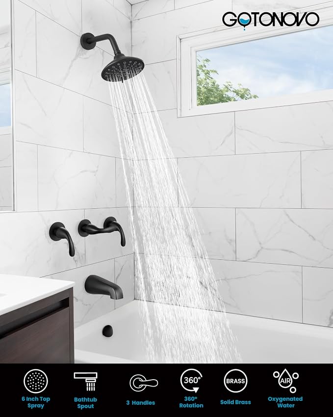 gotonovo 3 Handle Tub Shower Faucet Set, Bathtub Shower Fixture,Bathroom Tub and Shower Faucet Combo Shower System Complete Tub and Shower Trim Kit with 6 Settings Showerhead Matte Black - Image 9