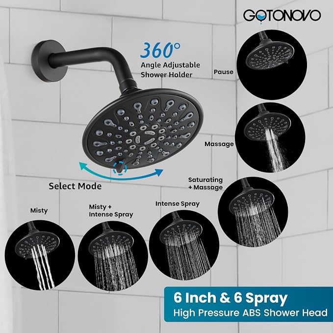 gotonovo 3 Handle Tub Shower Faucet Set, Bathtub Shower Fixture,Bathroom Tub and Shower Faucet Combo Shower System Complete Tub and Shower Trim Kit with 6 Settings Showerhead Matte Black - Image 4