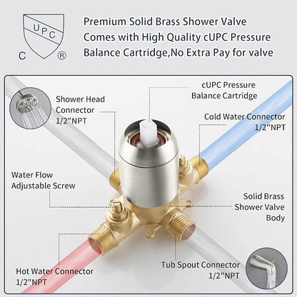 Tub Shower Faucet Combo Set Brushed Nickel Bathtub Faucet Set Shower System with Tub Spout Shower Tub Kit Shower Valve and Trim Kit Shower Fixtures - Image 5