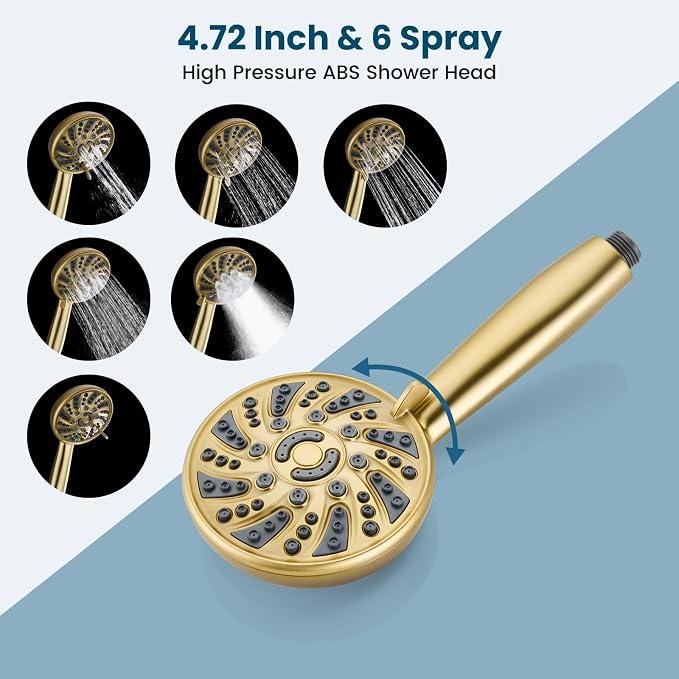 gotonovo Bathroom Shower Head Kit High Pressure Combo System Shower Faucet 6 Modes ABS Handheld Spray Shower Trim Kit Valve Included Shower Head and Handle Set Brushed Gold - Image 4