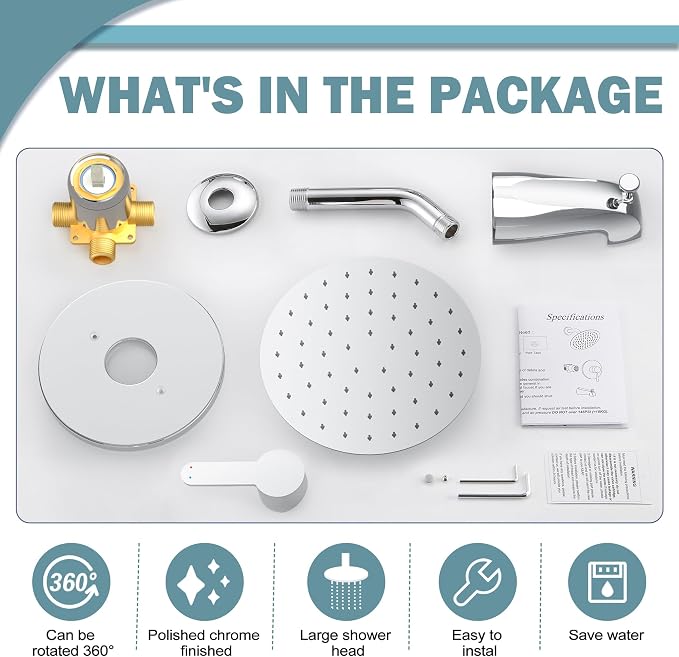 Tub Shower Faucet, Polished Chrome Shower Faucet Set with 8-Inch All-Metal Rainfall Showerhead and Bathtub Spout, Single-Handle Tub Shower-Trim Kit Included Valve, Polished Chrome - Image 9
