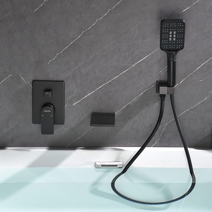 Wall Mount Waterfall Bathtub Faucets with Sprayer Tub Filler Faucet Tub Shower Faucet Set with Rough-in Valve Trim Kit Matte Black - Image 8