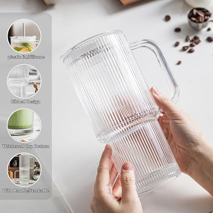 INSETLAN 24oz Ribbed Glass Tumbler with Handle & Lid – 4-Pack Large Iced Coffee Cups with Straws, Modern Glass Mug for Cold & Hot Beverages, Aesthetic Travel Cup for Smoothies, Tea, and Juice - Image 8