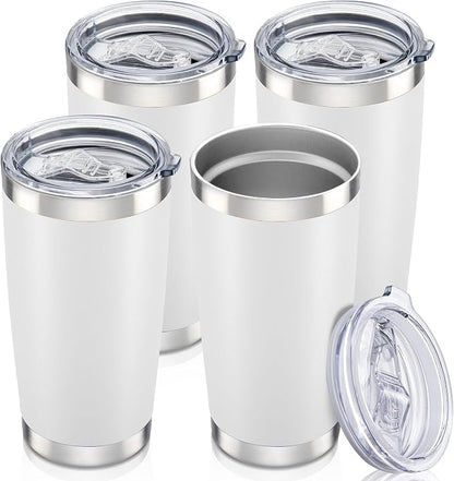 20 oz Tumbler with Lid Stainless Steel Insulated Tumblers Bulk Double Wall Vacuum Cups Powder Coated Travel Mug Keep Drinks Cold and Hot, White, 4 Pack by Orebigo