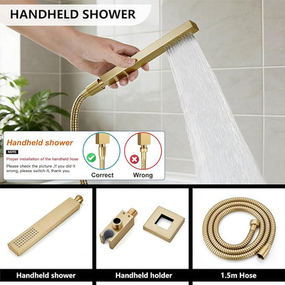 Midanya Shower System with Tub Spout,Bathtub Shower Faucet Set with Square Rainfall Head and Handheld Sprayer Wall Mount Tub Faucet Set with Valve and Trim Kit,10 Inch Brushed Gold - Image 7