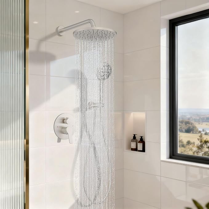 Iriber Brushed Nickel Round Rain Shower System Faucet Set，Bathroom Filtered Shower Head with Handheld, 9 Spray Mode Showerhead with Filters,Shower Valve Trim Kit Contain Cartridge,10 Inch - Image 2